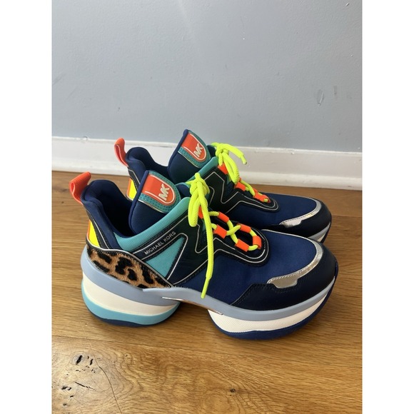 Michael Kors Olympia Chunky Wedge Trainer Sneakers Sapphire Sig Semi Lux 7.5 - Picture 2 of 7